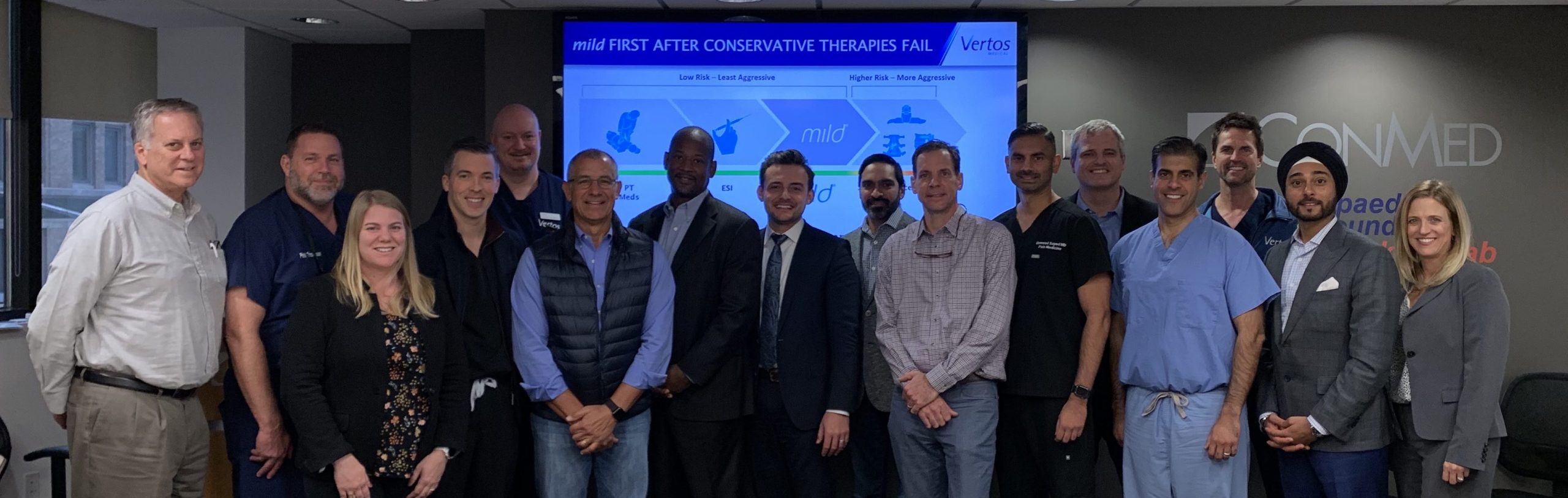 Dr. Navdeep Jassal along with Dr. Dawood Sayed, Dr. Peter Pryzblykowski, Dr. Mark Coleman, Dr. Anjum Bux, Dr. Alexander Escobar, Dr. Harry Sukumaran, and Dr. Stanley Golovac gathered to discuss the use of the Mild Procedure after conservative therapies fail