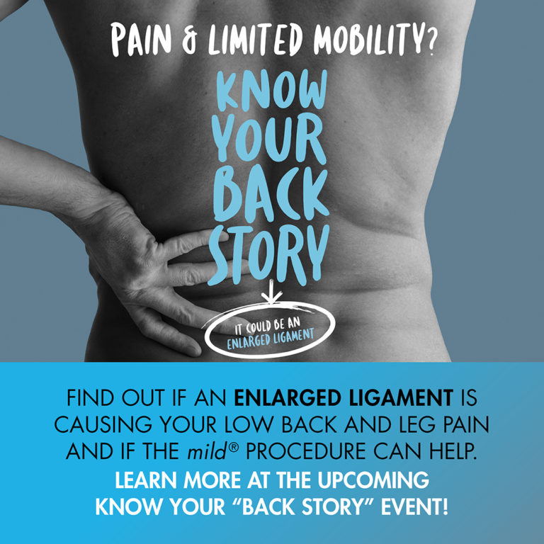 "Pain & Limited mobility? Know your back story" graphic with arrow pointing to lower back