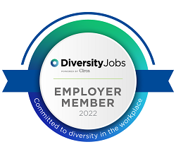 Award Badge with text, Diversity Jobs, Employer Member 2022, Committed to diversity in the workplace