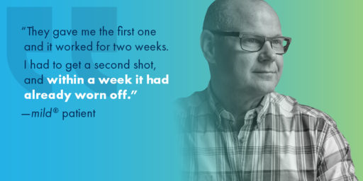 A white man in his 60s contemplating the dark side of epidural steroid injections, with the quote "They gave me the first one and it worked for two weeks. I had to get a second shot, and within a week it had already worn off." - mild patient.