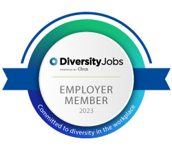 Award Badge with text, Diversity Jobs, Employer Member 2023, Committed to diversity in the workplace